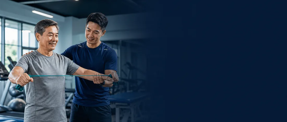 Physiotherapist guiding a patient through a resistance band exercise during rehabilitation