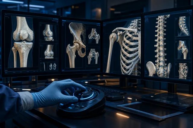 Clinician reviewing three-dimensional bone and joint scans across multiple surgical planning screens