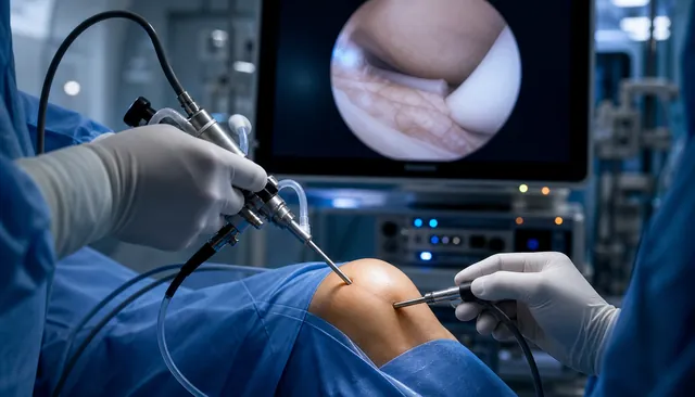 Surgeon performing keyhole knee arthroscopy, with the inside of the joint shown on a high-definition monitor