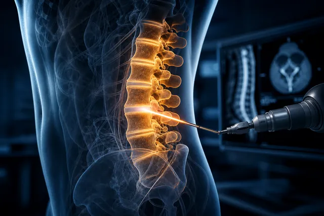 Medical illustration of a lumbar spine treated with a laser probe, with the affected vertebrae highlighted