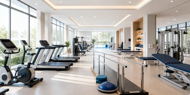 Rehabilitation gym with treadmills, resistance equipment and therapy beds