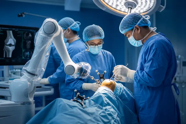 Surgical team using a robotic arm during a joint replacement procedure